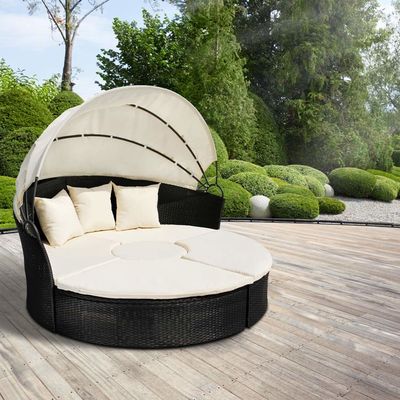 Round Outdoor Rattan Daybed Wicker Garden Daybed With Big Sunshade